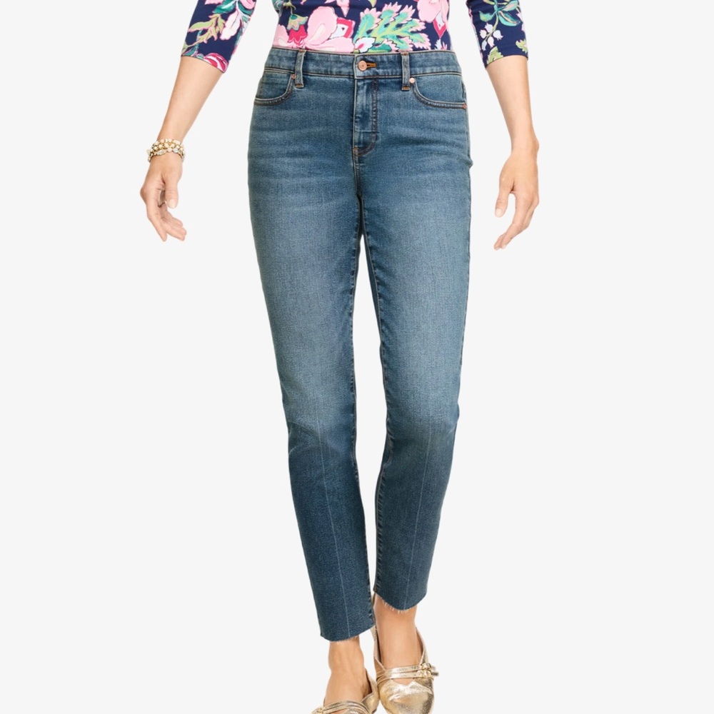 New Talbots Women's Skinny 5 Pocket Flawless Jeans in Blue with Frayed Hem 10